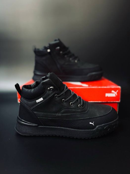Высокие зимние кроссовки Puma/ ботинки красовки Пума черные кожанные