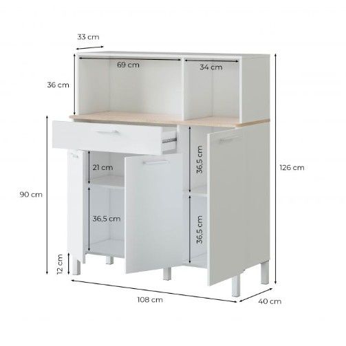 Armário de cozinha "Kira" - 3 portas + 1 gaveta - 126 x 108 x 40 cm - Branco