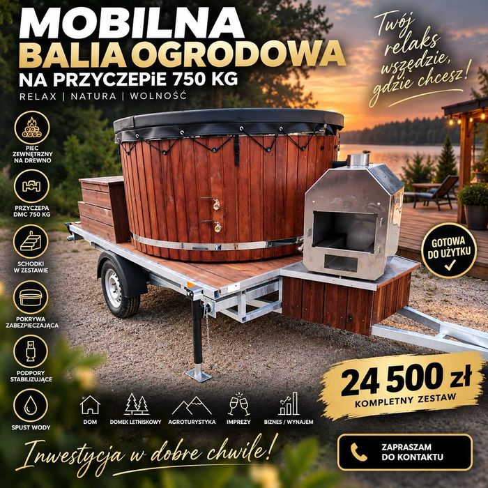 Mobilna balia ogrodowa na przyczepie 750 kg – piec zewnętrzny – NOWA