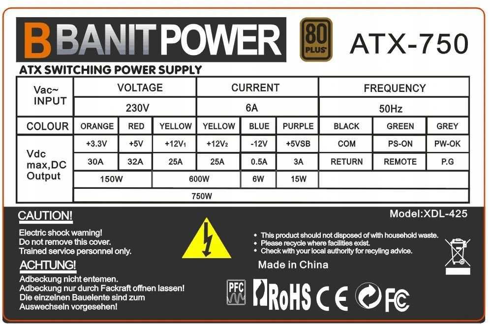 Zasilacz ATX BanditPower XDL-425 750W A-PFC 80+ 14cm 4x SATA