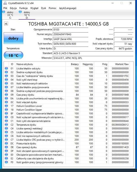 Dysk HDD Używany Toshiba 3,5" 14TB MG07ACA14TE
