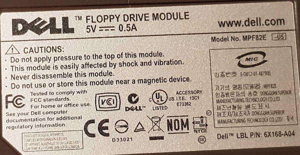 Leitor disquetes Dell 6X168-A04 model MPF82E (0Y6933)