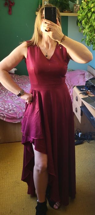 Suknia balowa burgundowa rozmiar L asymetryczna bordowa maxi duet A&M