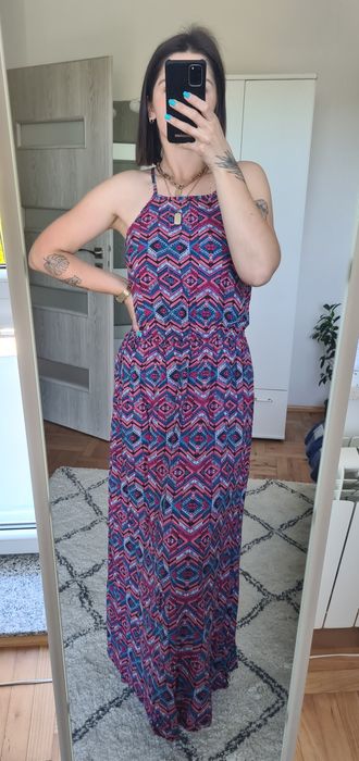 Sukienka długa maxi kolorowa we wzory boho hippie style z wiskozy