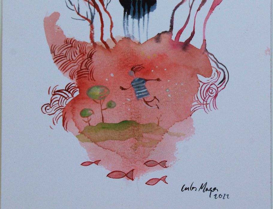 Aguarela original de Carlos Marques. Fantasia, surreal,