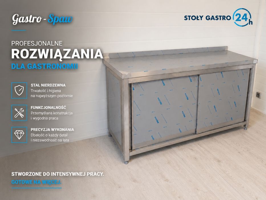 Meble gastronomiczne Stół gastronomiczny roboczy nierdzewny inox zabudowany 1400x600x850 drzwi przesuwne kuchnia restauracja stal nierdzewna ASIS
