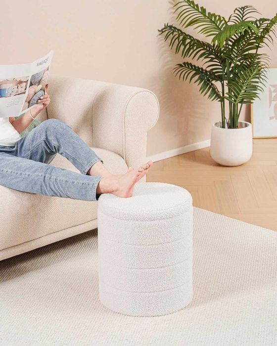 Pufe de Armazenamento Bonlife Bouclé com Tampa | Banco de Apoio aos Pés Dobrável | Ottoman Sherpa Branco para Sala e Quarto | 37×37×45 cm