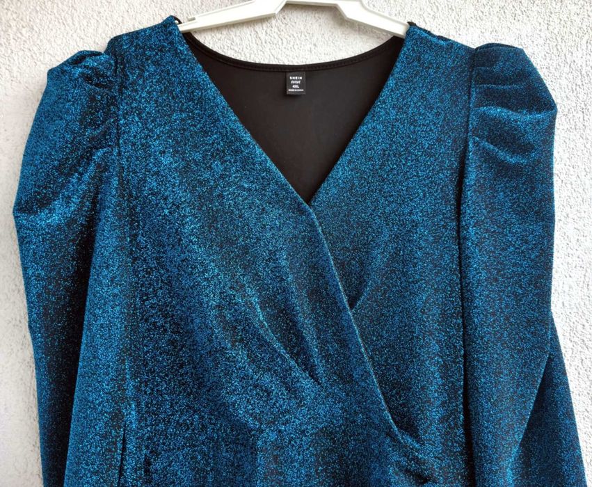 Brokatowa, turkusowa sukienka imprezowa Andrzejki, sylwester plus size