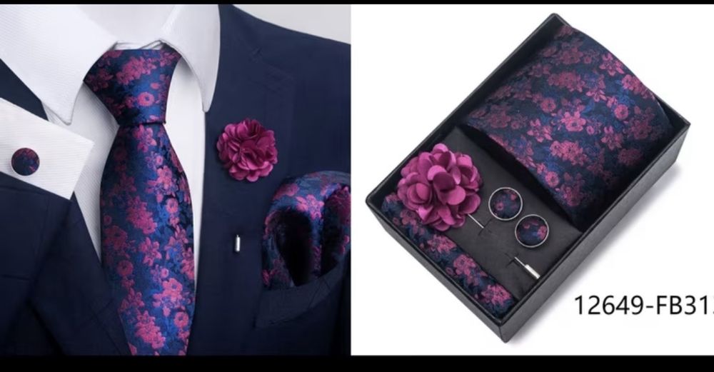 Zestaw męski 4 w 1 krawat, poszetka,