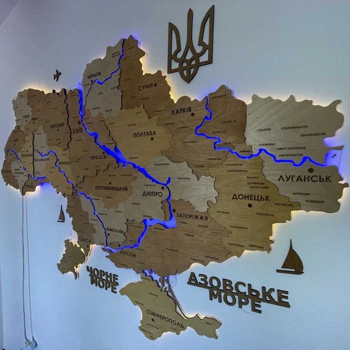 Мапа України з дерева з підсвіткою річок карта Украины на стену декор