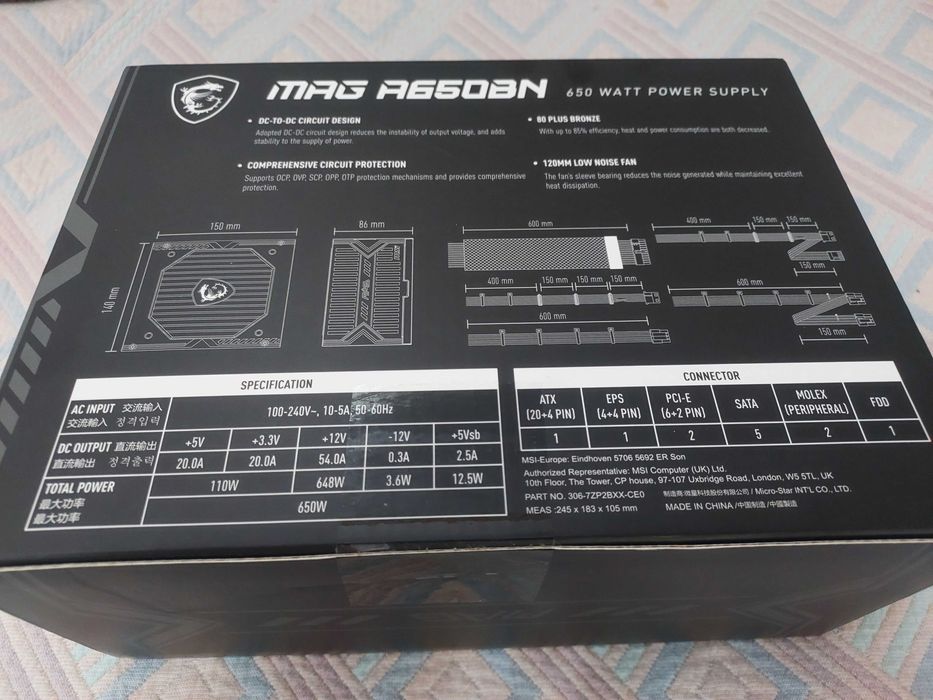 Fonte Alimentação MSI MAG A650BN - 650W - 80 Plus Bronze