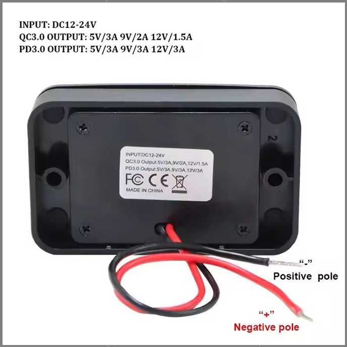 Накладная зарядка в авто, 2 USB + PD Type-C + Вольтметр, 12-24В QC 3.0