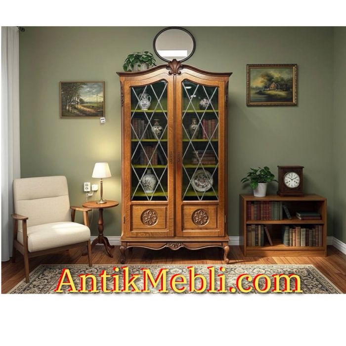 Вітрина сервант бібліотека дерево вітраж 4080