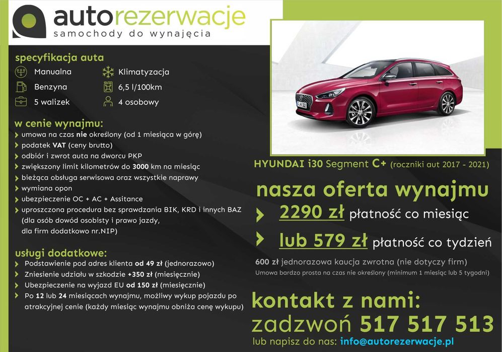 Wynajem wypożyczenie samochodów/aut za 1299 za 30 dni lub 339 co 7 dni