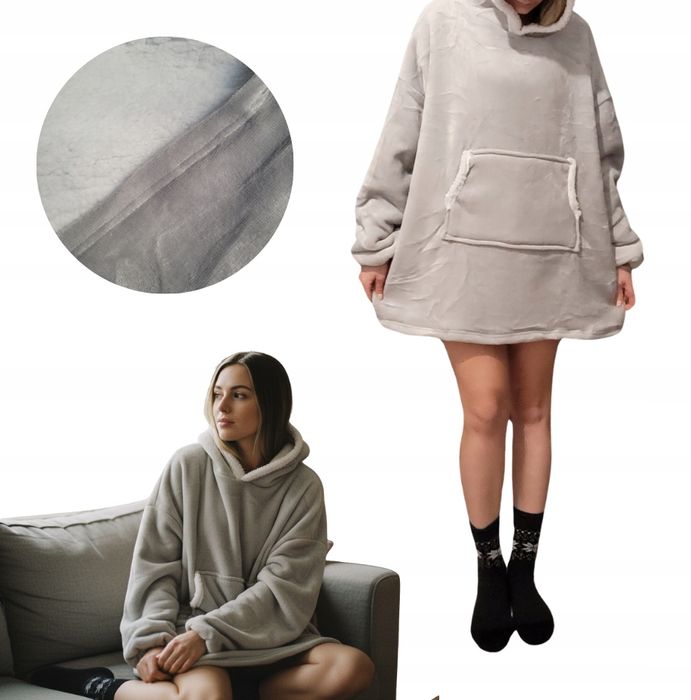 Ciepła Długa Kocobluza KOC BLUZA OVERSIZE z kapturem GRATIS SKARPETKI