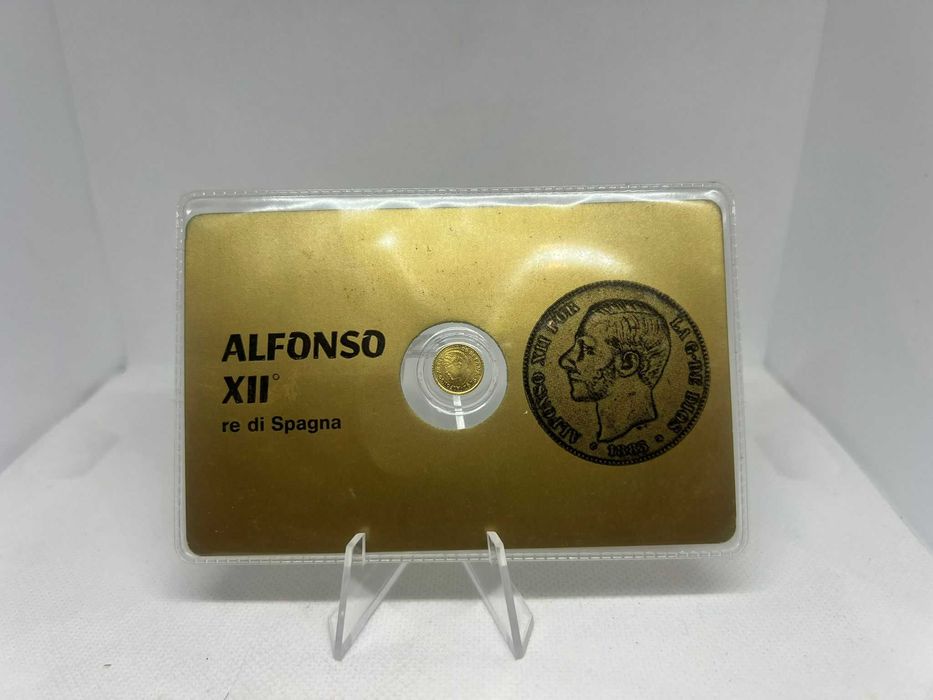Carteira selada Miniatura 5 pesetas banhada a ouro do Rei Alfonso XII