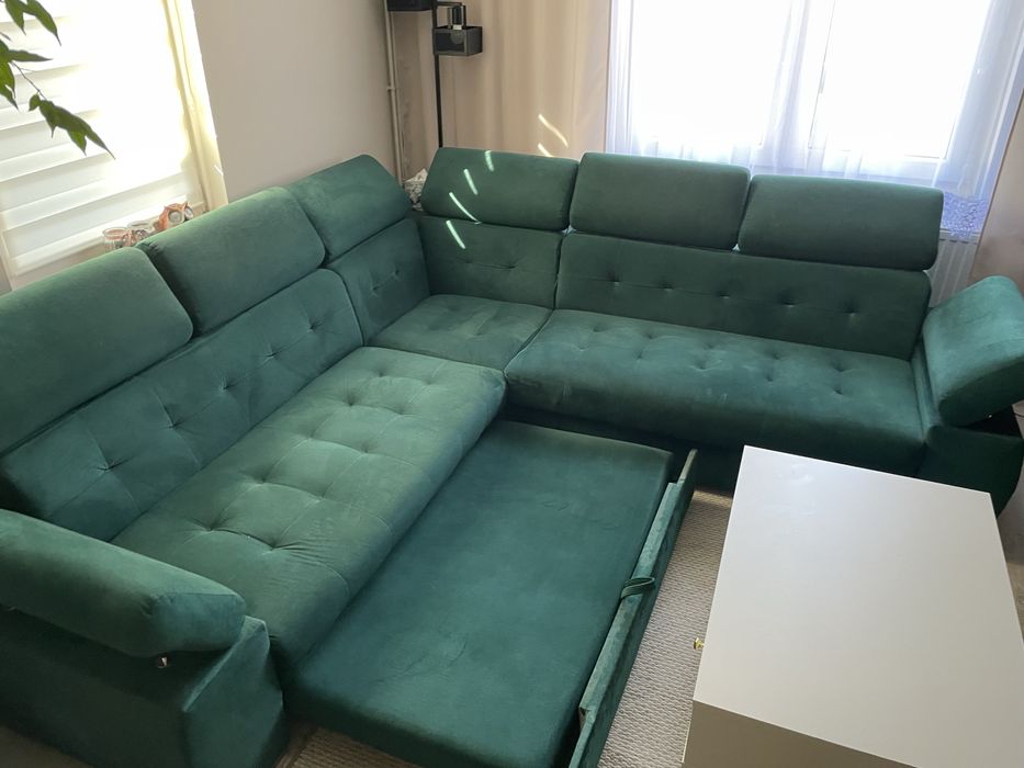 Narożnik duży Aslan, butelkowa zieleń, f. spania, ruchome zagłówki :)