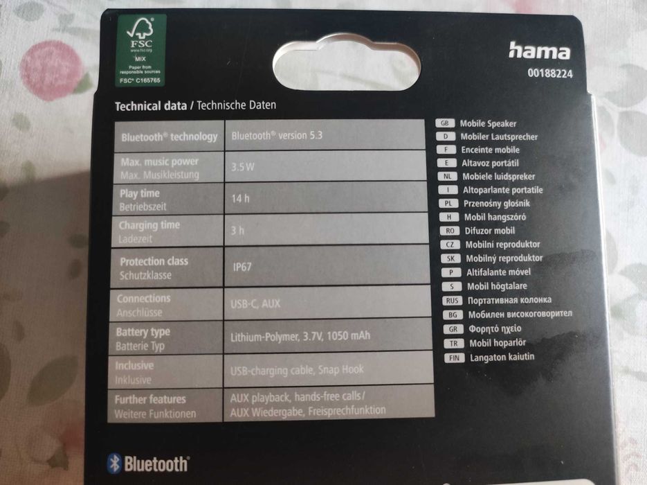 Coluna Bluetooth Hama LS Pocket 3.0" Impermeável