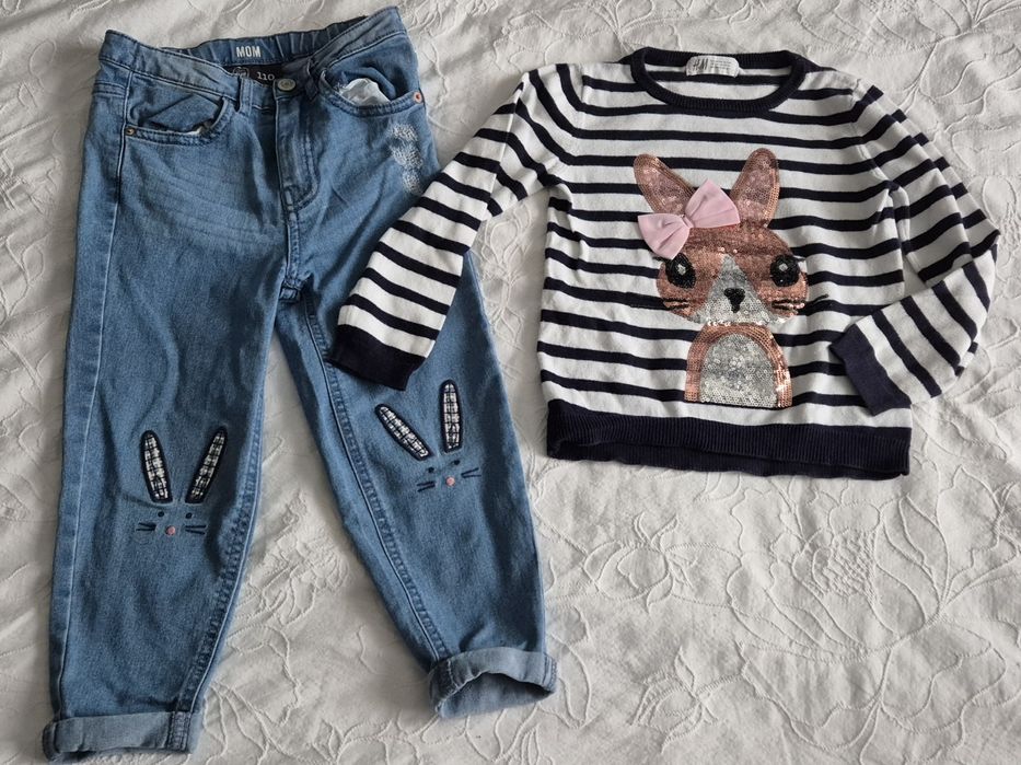 Zestaw jeansy smyk coolclub mom 110 króliczek i bluzka h&m 104