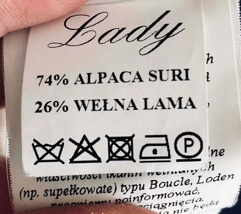 Płaszcz Lady 74% apaca suri 26% wełna lama ciepły beż kaptur lis 48 50
