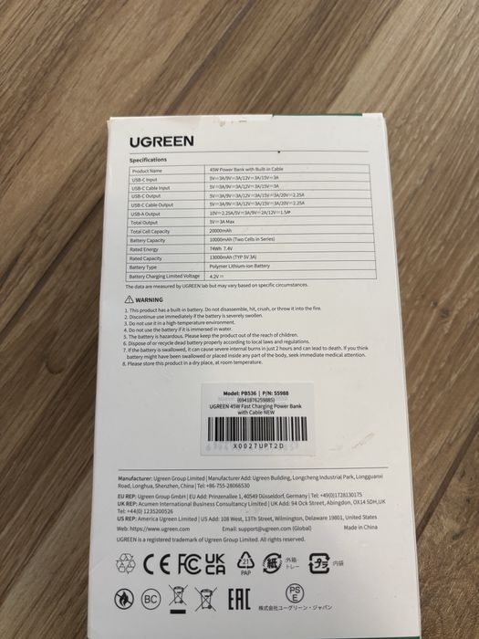 Nowy Powerbank Ugreen PB536 20000mAh 45W USB-C Wbudowany Kabel
