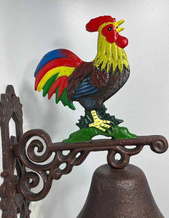 Piękny duży DZWON KOGUT kolorowy piejący dzwonek żeliwo
