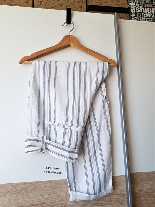Letnie damskie spodnie lniane wiskozowe F&F len wiskoza białe paski stripes 42 XL na lato przewiewne wygodne z lnem wiązane z paskiem wakacyjne