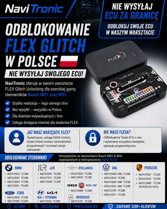 Odblokowanie sterowników Bosch MD1 / MG1 Boot Glitch pod urzadzenie FLEX BMW PSA VAG 2020+