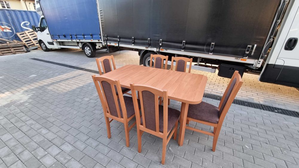 OD RĘKI , Stół rozkładany + 6 krzeseł , olcha + brąz , NOWE