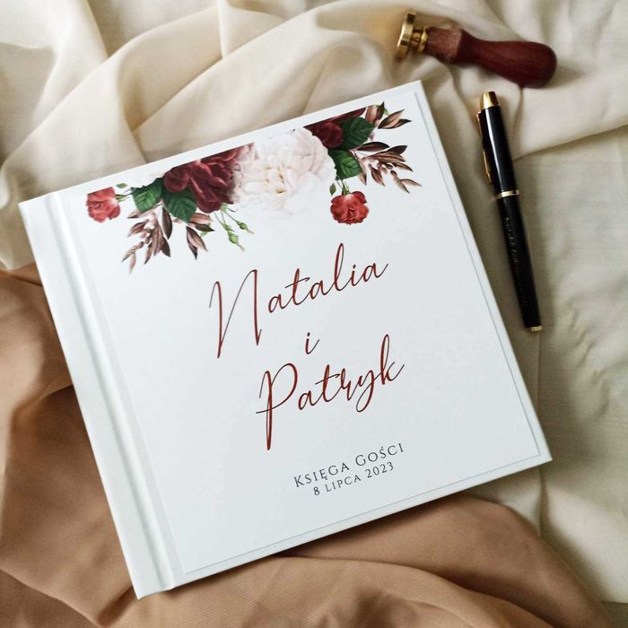 Piękna księga gości na wesele - bordowe kwiaty