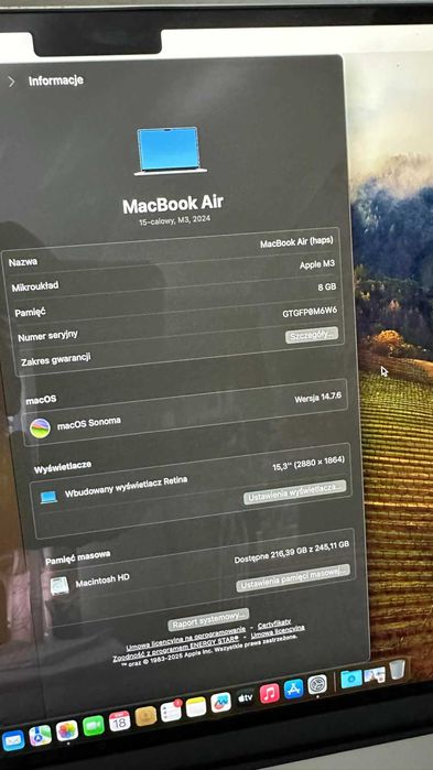 MacBook 15 M3/8/256/ 100% kondycji