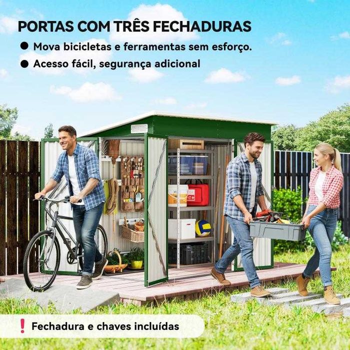 Abrigo de Jardim Metálico – 234x132x185 cm | Três Portas com Fechadura