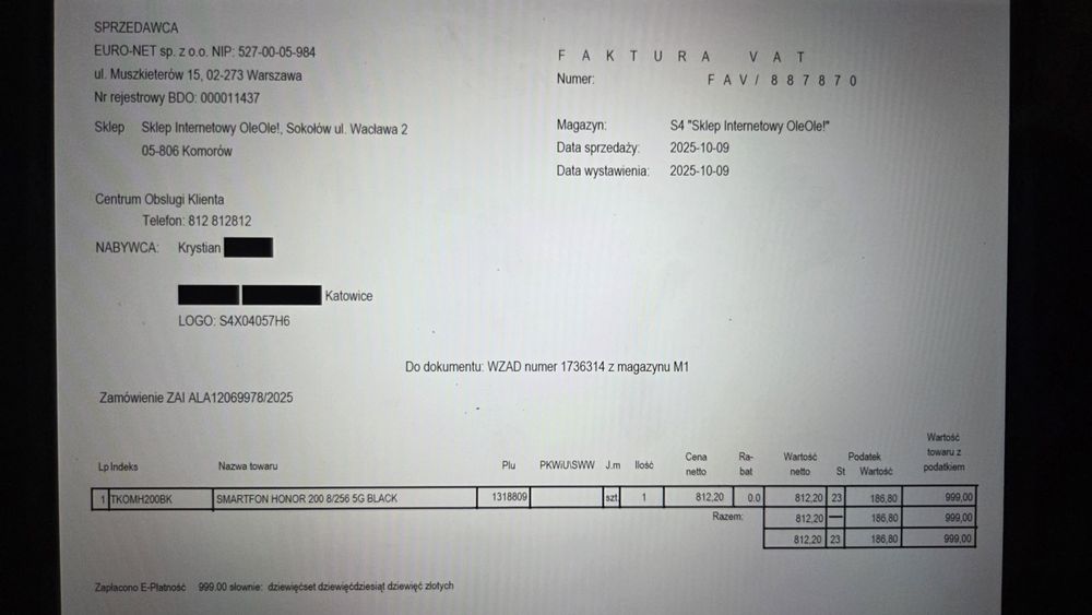 Honor 200  8/256 Black jak nowy