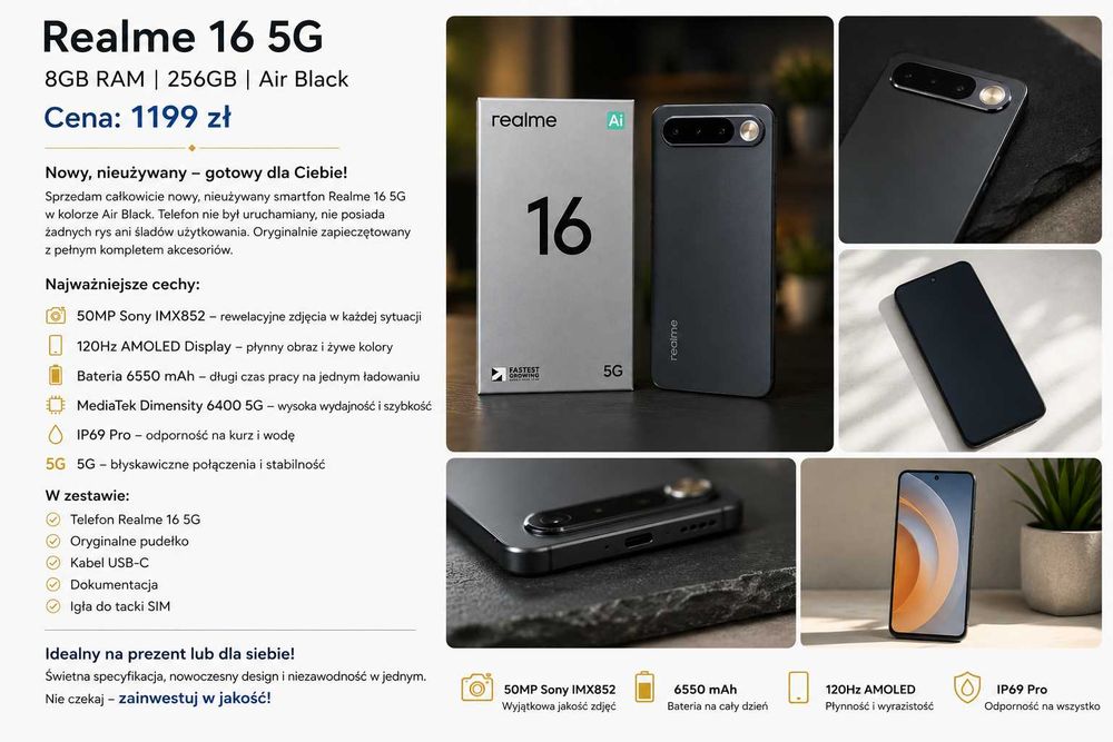 Realme 16 5G 8/256 GB Air Black – NOWY, nieużywany | 1199 zł