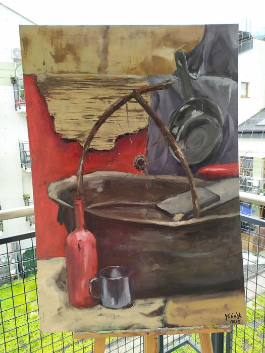 Obraz olejny ,,Martwa natura z kołem" 70x100 cm