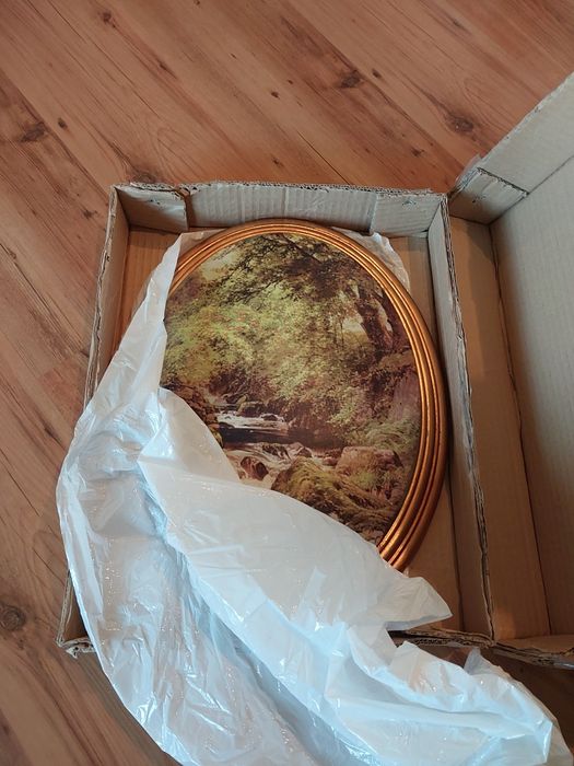 Obraz olejny " górski potok " obraz owalny ,malowany na drewnie