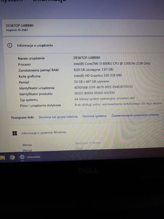 Laptop Dell  Ispiron 15 dysk SSD  ,8 GB  RAM , Intel Core i3 super stan