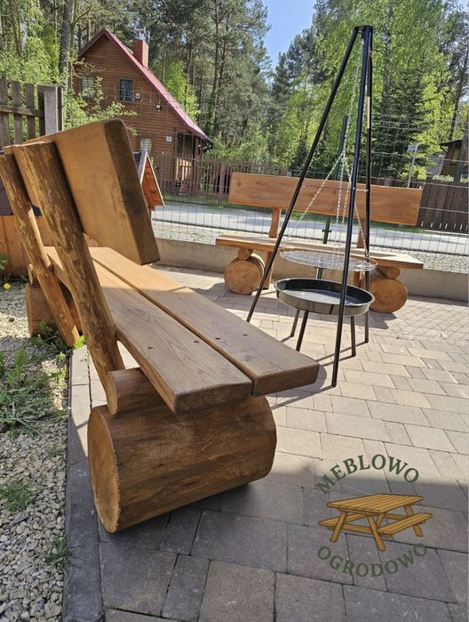 Zestaw 3 ławek ogniskowych z drewna olchowego + stoliki – 2m | Solidne i stylowe | TRANSPORT GRATIS!
