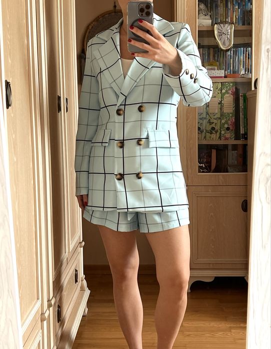 Garnitur w kratę komplet marynarka szorty do pracy na wyjście butik
