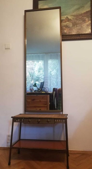 Stare lustro ze stolikiem-Unikat-metaloplastyka-Stara etażerka Antyk