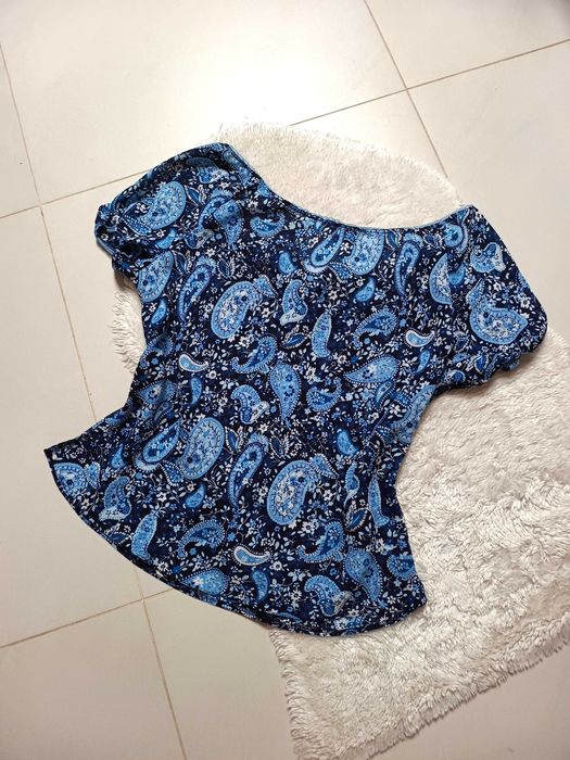 piękna bluzka kolorowa niebieski wzór turecki 44 46 plus size lato oversize
