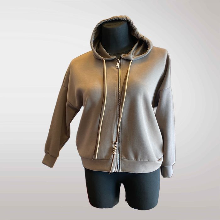 Bluza Damska Z Kapturem Na Suwak Kieszenie Szary