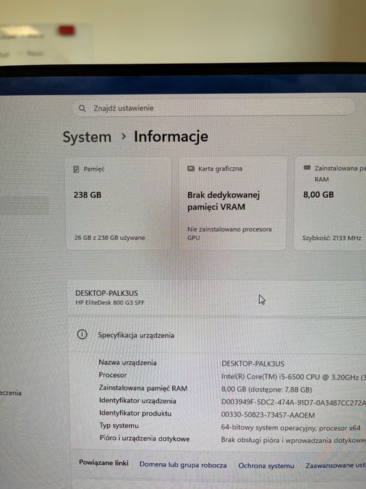 HP EliteDesk 800 SFF i5-6500, RAM 8GB, SSD 256 Gb, Win11