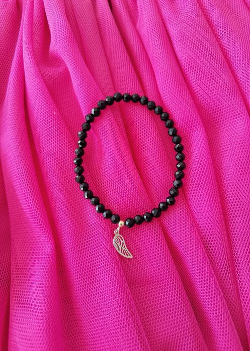 Bransoletka prawdziwy czarny turmalin zawieszka skrzydło anioła