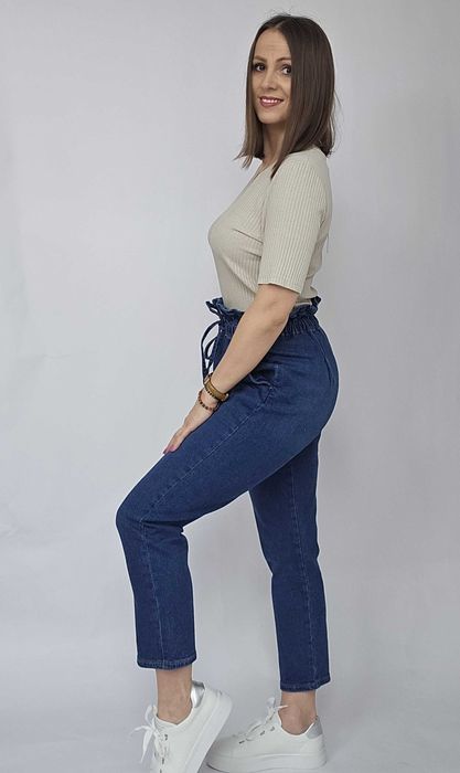 Spodnie damskie jeansy elastyczne wysoki stan mom fit boyfriend XS