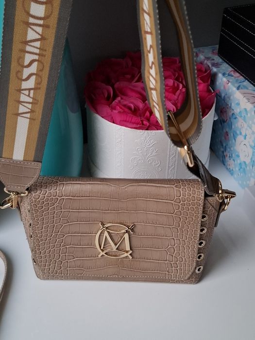 Włoska torebka skórzana wężowa beżowa dwa paski