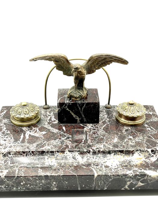 Tinteiro antigo francês em pedra e bronze antigo