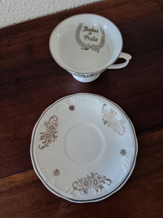 Bodas Prata Conjunto 3 Peças Porcelana "Disfer" Detalhe Prateado