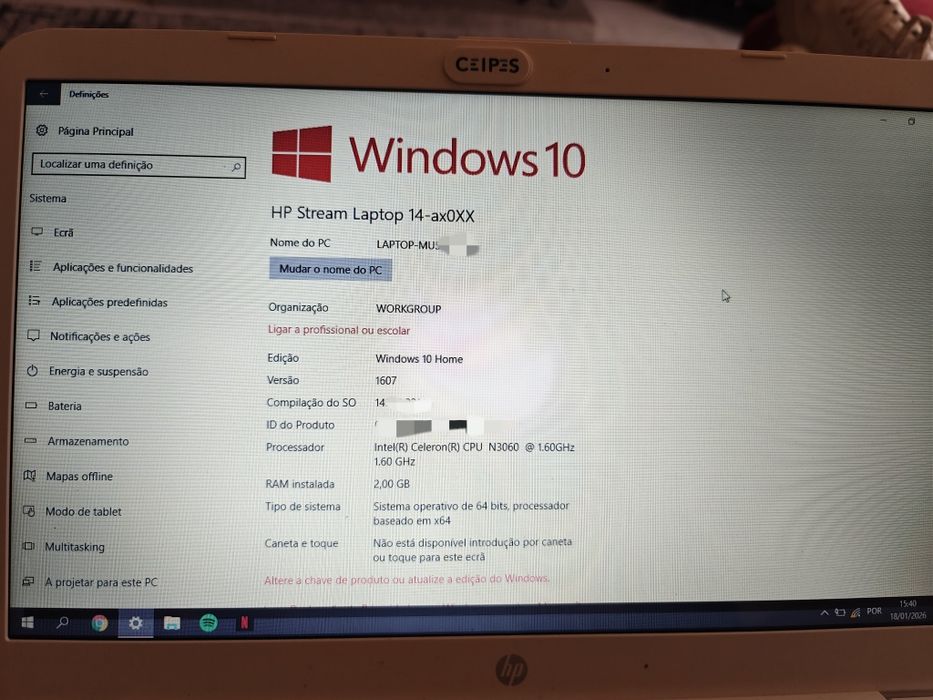 Portátil HP Stream 14-AX007NP (14'' - Intel Celeron N3060)