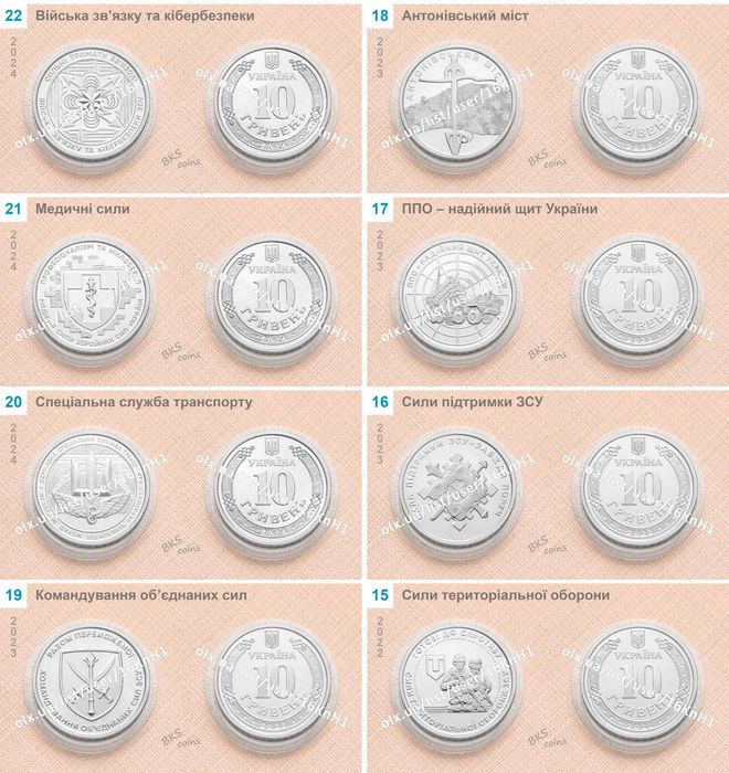 Набір 19шт ювілейних обігових монет НБУ 10 грн — Області та ЗСУ 2026-2022р
